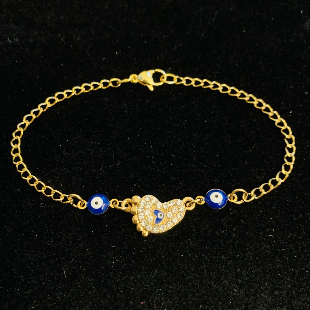 Rhinestone Baby Foot Evil Eye gold bracelet or anklet